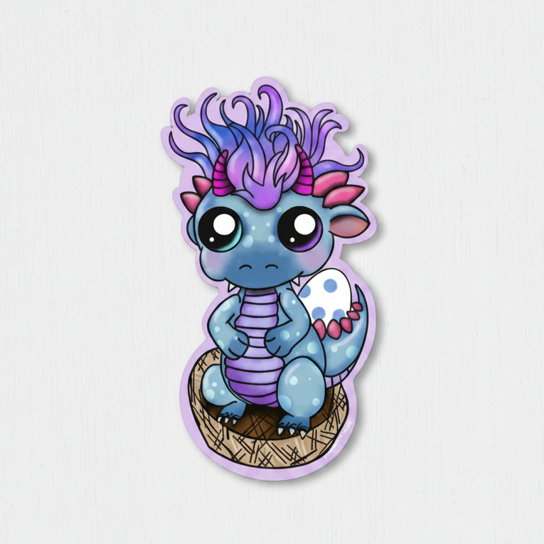 Cartoon dragon with purple hair and a blue body on a light gray background