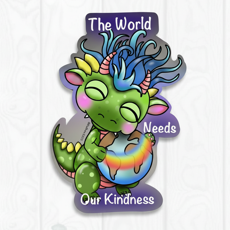 Cute green dragon with blue hair hugging the earth