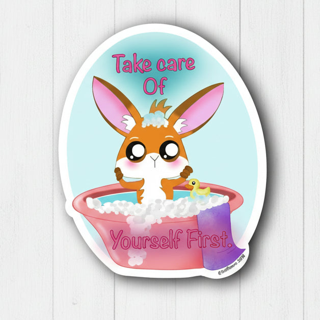 Orange fennec fox in a pink bathtub reminding you to take care of yourself