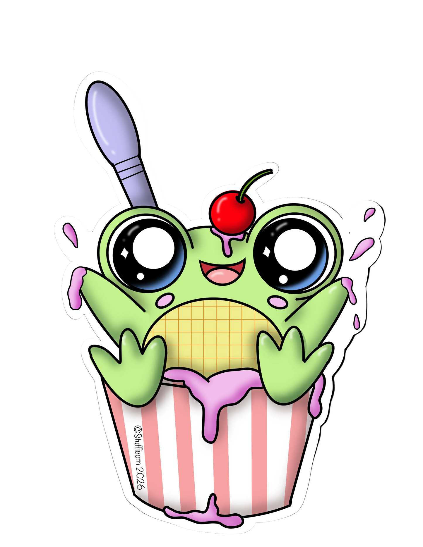 Cartoon frog in a cupcake with green body, pink and white bowl , and cherry on top of her head.