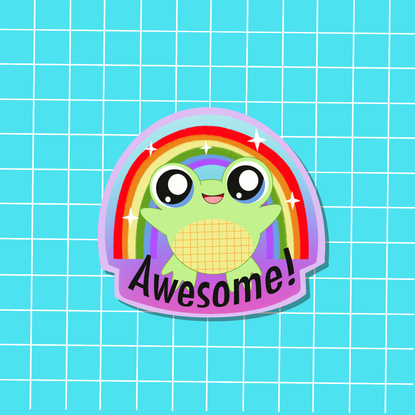 a cute frog and a rainbow with the word awesome underneath
