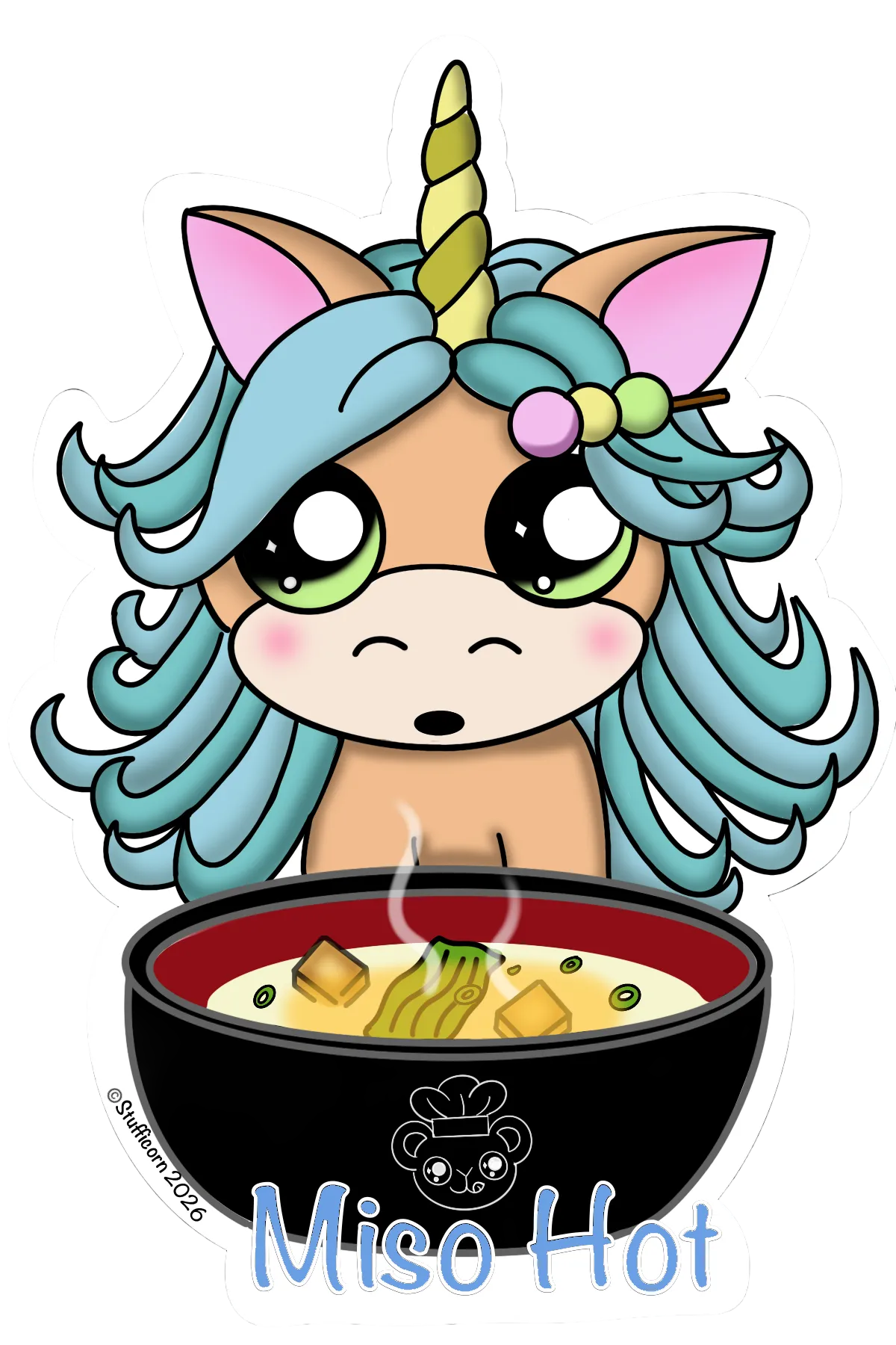 Cartoon unicorn with teal hair and pink ears sitting next to a bowl of miso soup.