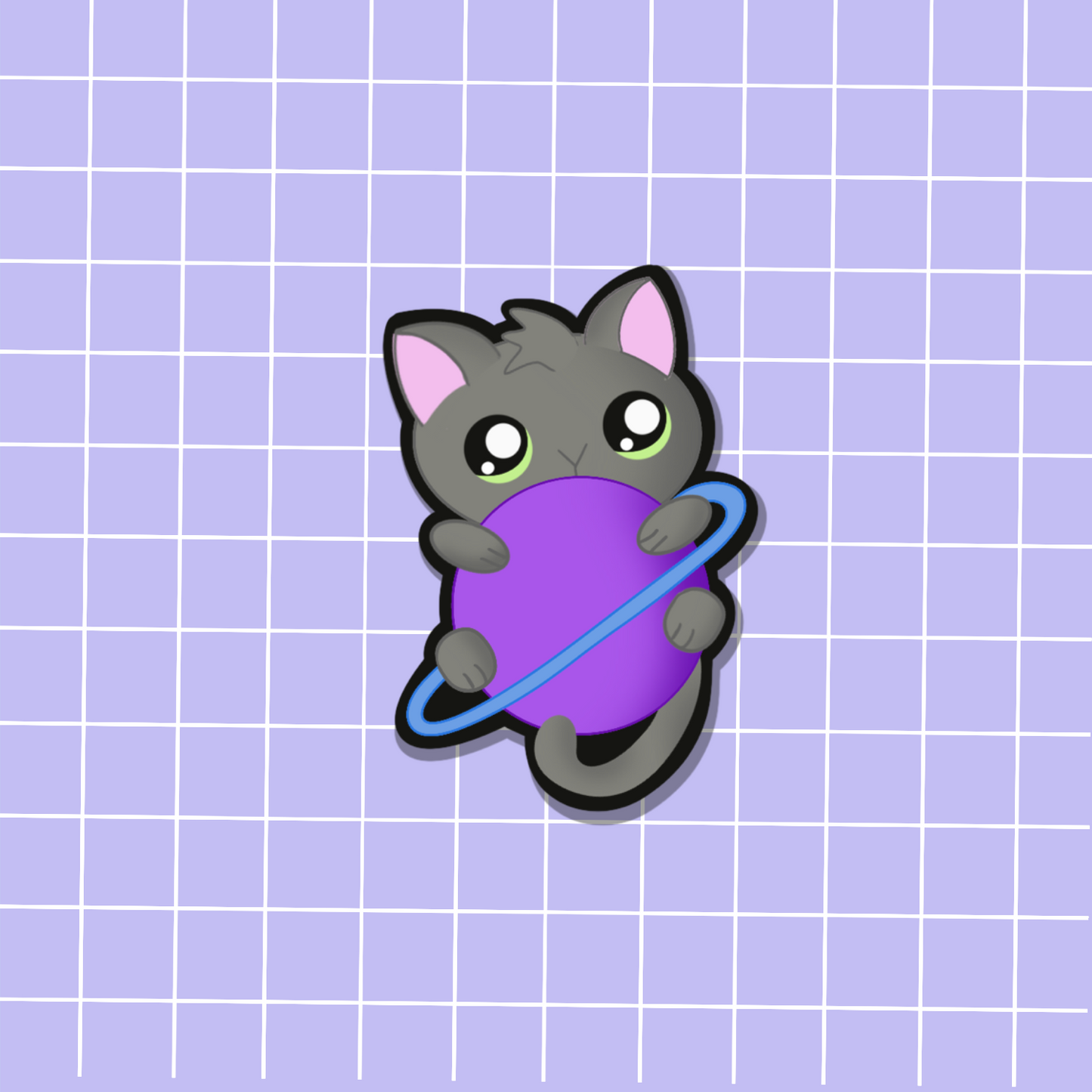 cute grey cat holding tightly to a purple saturn with a blue ring
