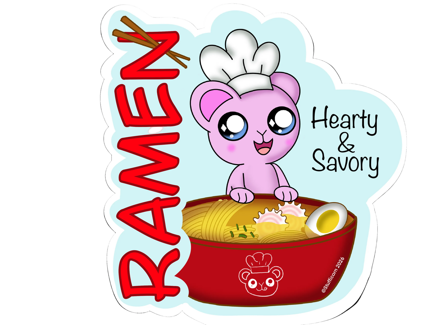 Cartoon pink bear in a bowl of ramen with 'RAMEN' and 'Hearty & Savory' text on a white background