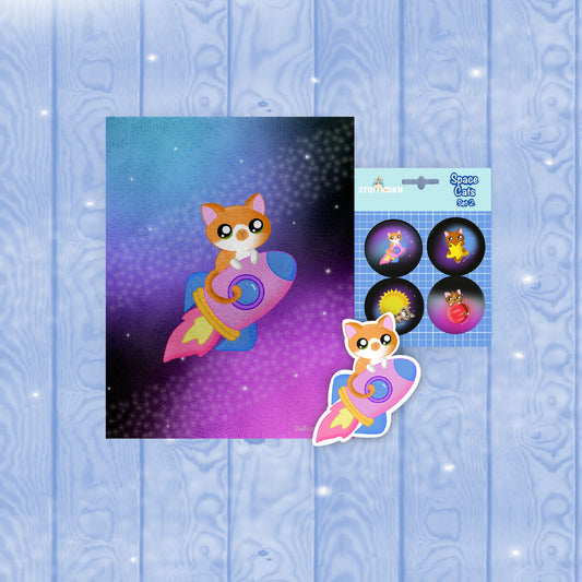 Rocket Cat Art Print Gift Bundle
