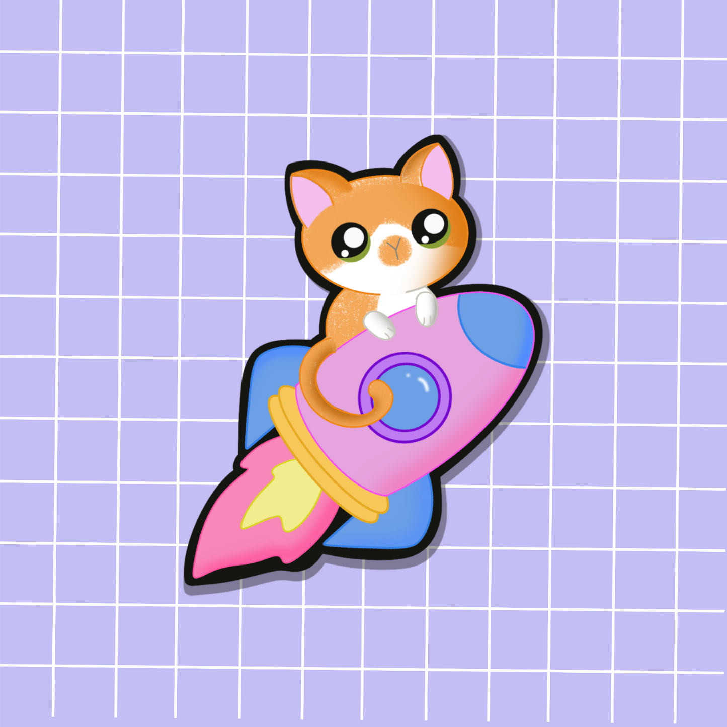 orange cat on a rocket blasting into space