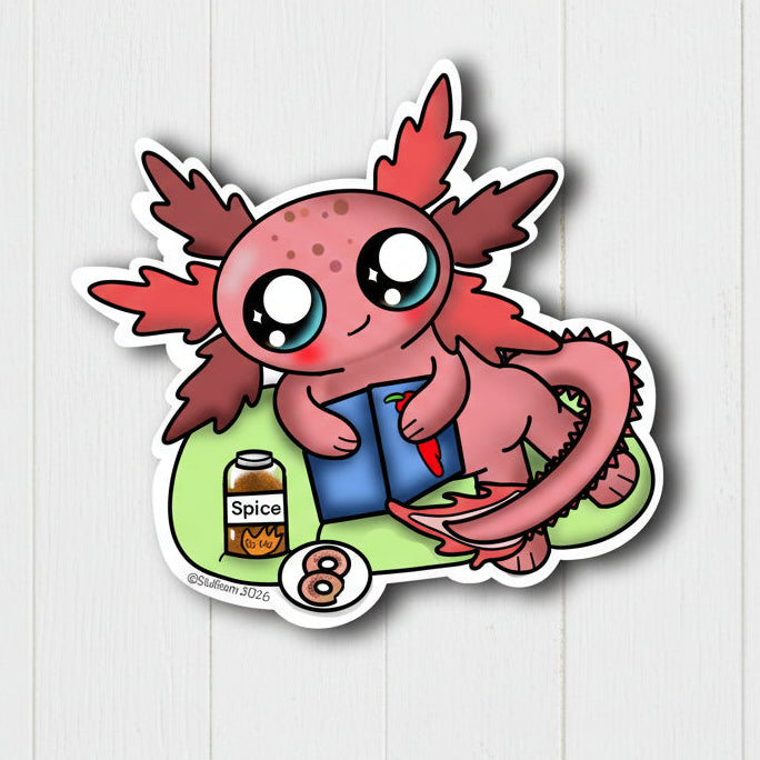 Redish pink cartoon axolotl with a book and a bottle labeled 'Spice' on a white background