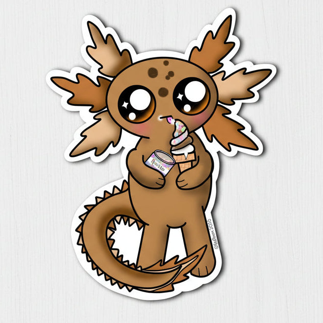 Cartoon axolotl holding a ice-cream with lots of sprinkles sticker on a light white background