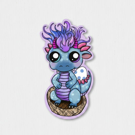 Cartoon dragon with purple hair and a blue body on a light gray background