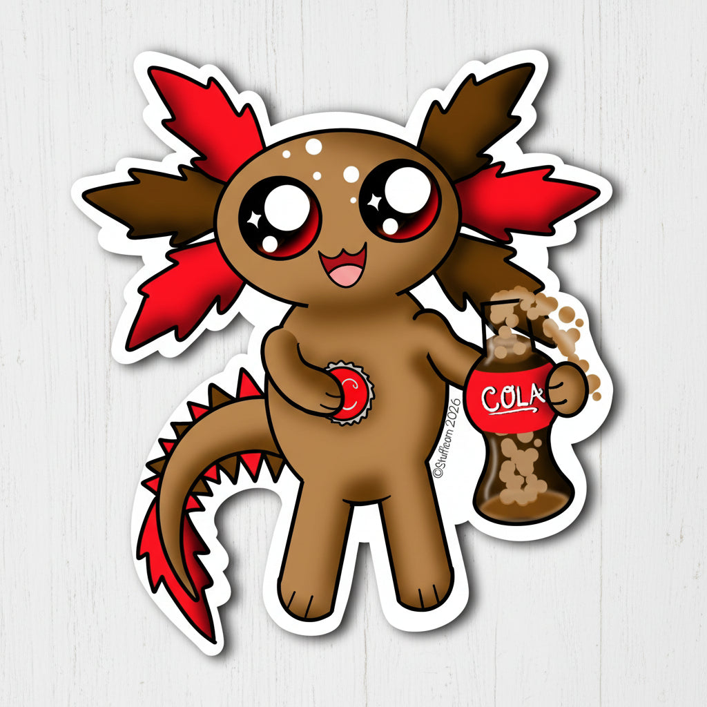 Brown and red axolotl holding a cola bottle on a white table