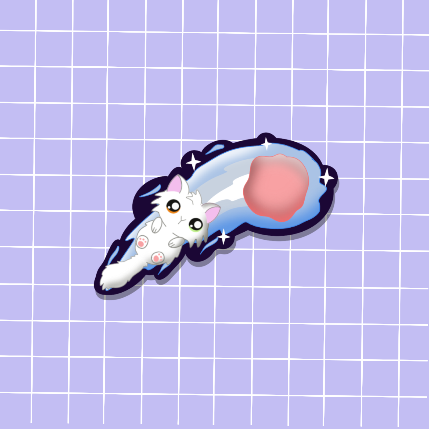 cute white cat flying on a meteor 
