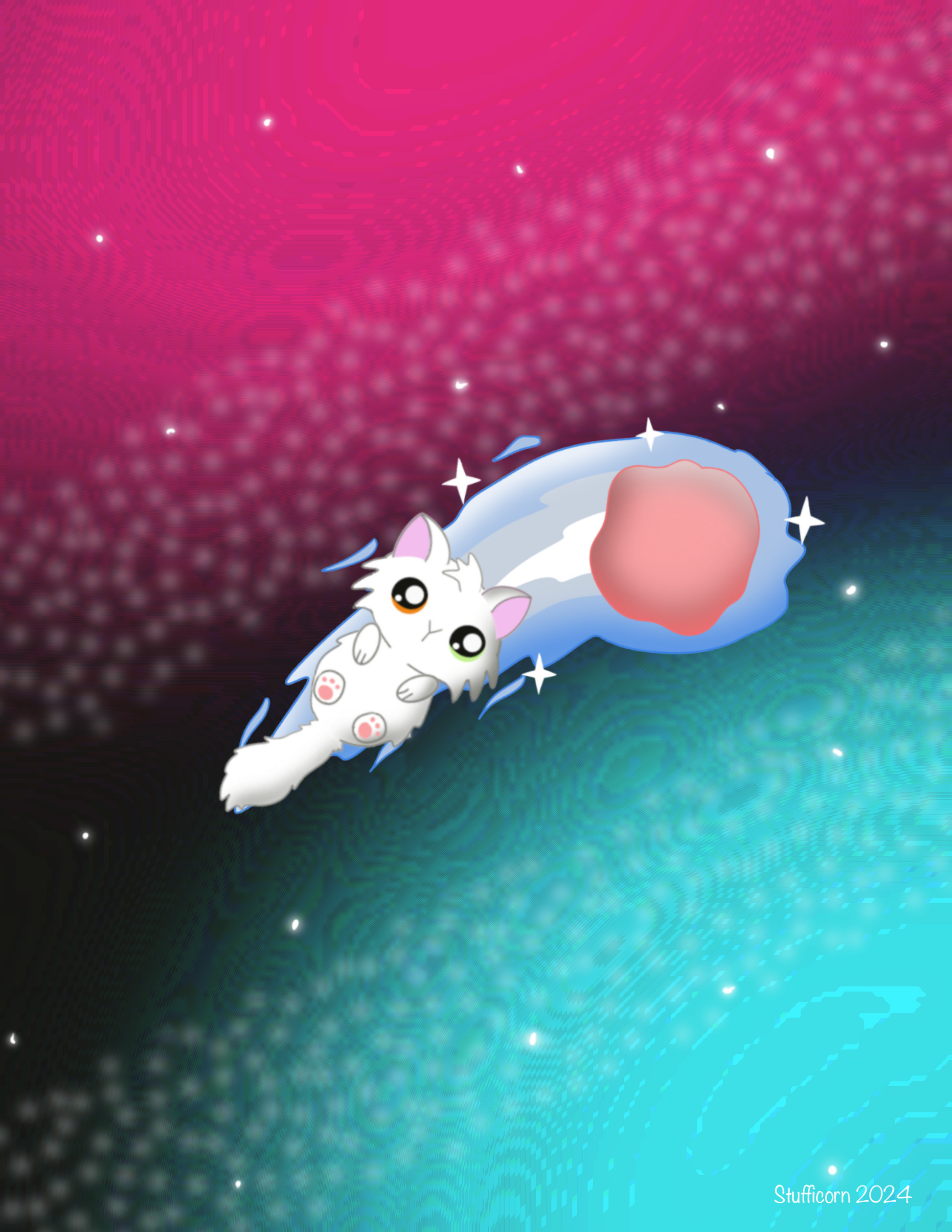 cute white cat flying on a meteor, with a colorful background