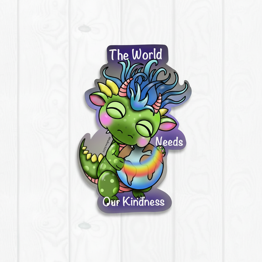 Cute green dragon with blue hair hugging the earth 