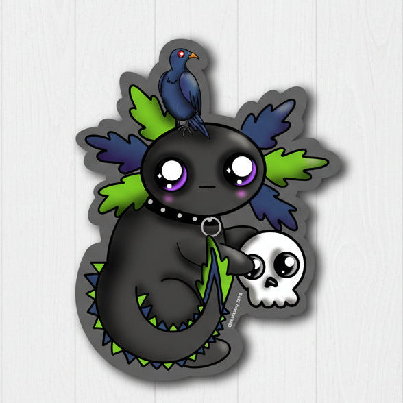 Cartoon goth axolotl with a bird on its back and a skull, against a white background