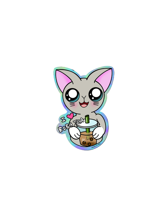 Grey the cat holding a boba tea with text on a tie die background.