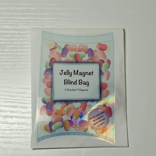 Jelly bean-themed product packaging with a label indicating 'Jelly Magnet Blind Bag' on a white background.
