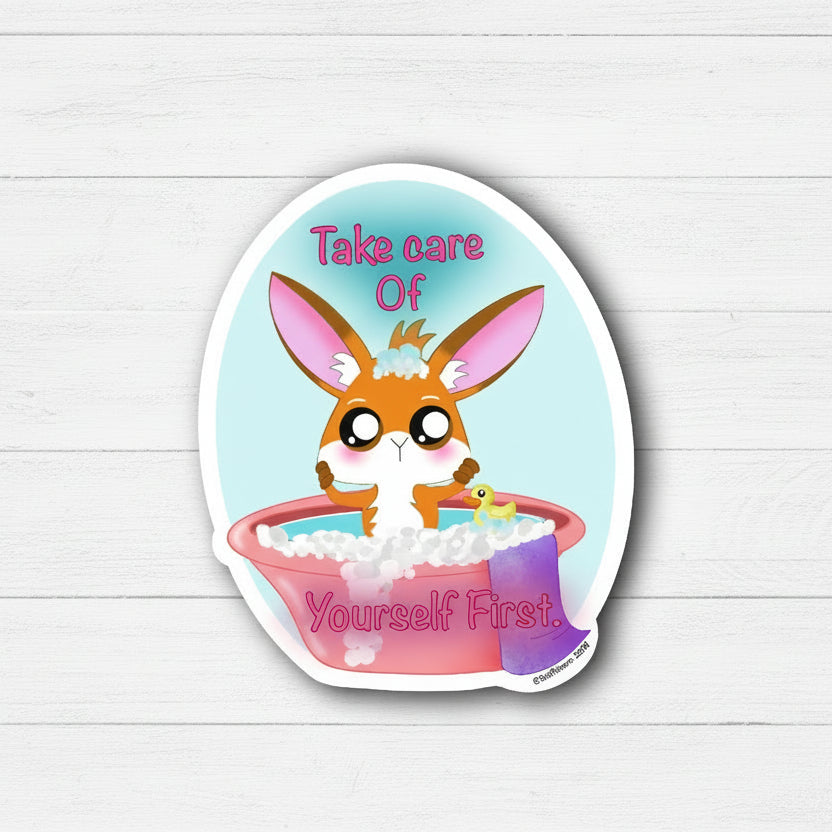 Orange fennec fox in a pink bathtub reminding you to take care of yourself