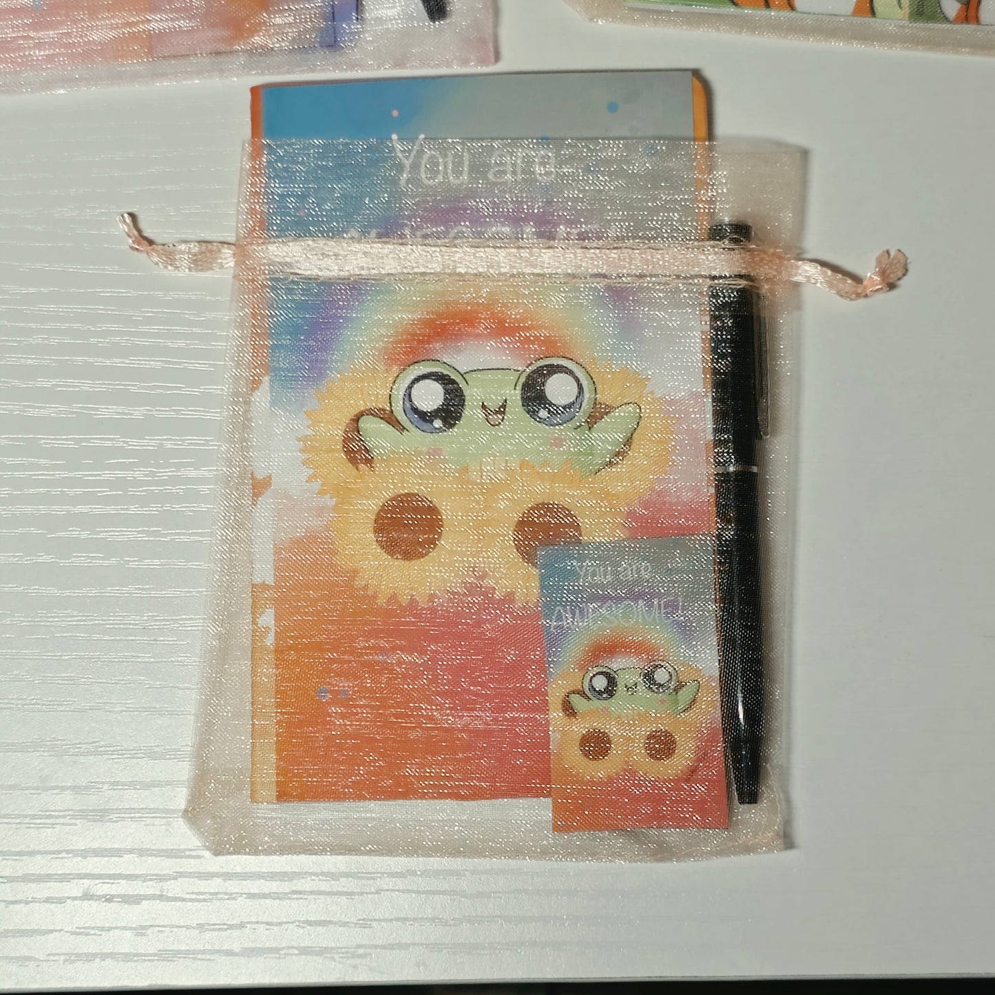 Small notepad with a colorful cover featuring a frog character, mesh bag held open by a ribbon