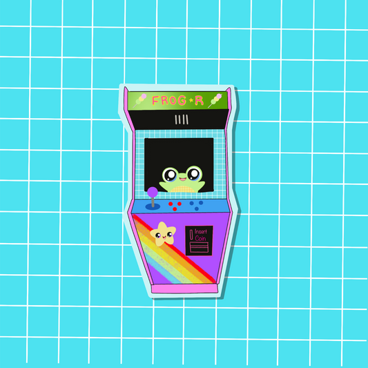a green frog inside a arcade machine