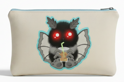 Beige zipper pouch with a mothman holding a boba tea on the front 