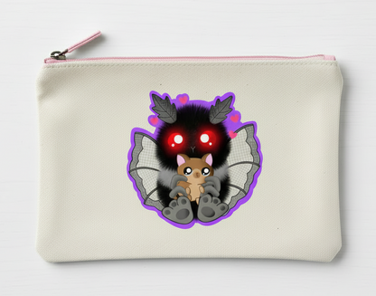 Beige colored, zipper pencil pouch with cute mothman, hearts floating above his head as he holds a kitten.