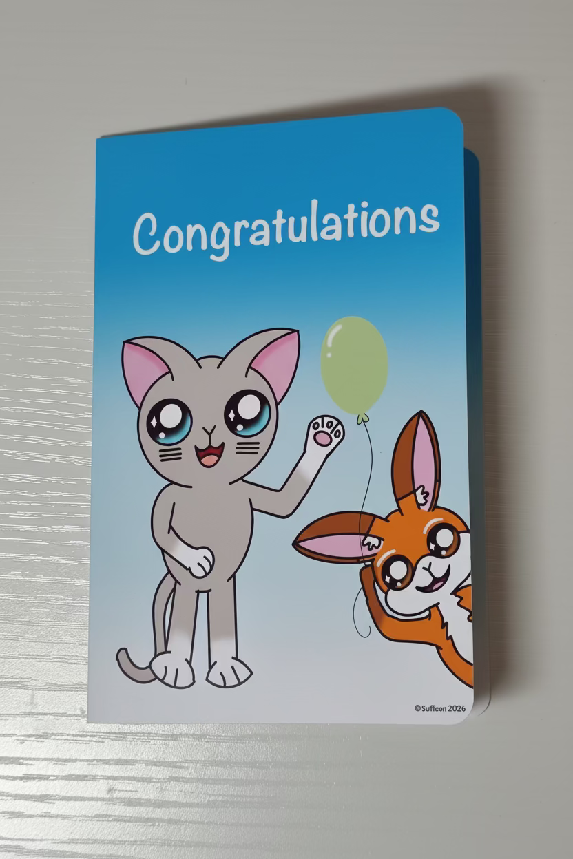 A card with a gray cat and a orange and brown fox holding a green balloon with a blue background that says congratulations.
