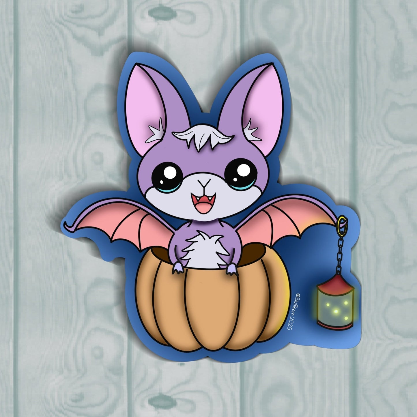Cartoon bat character with pink wings and white fur sitting on a pumpkin against a light blue wooden background.