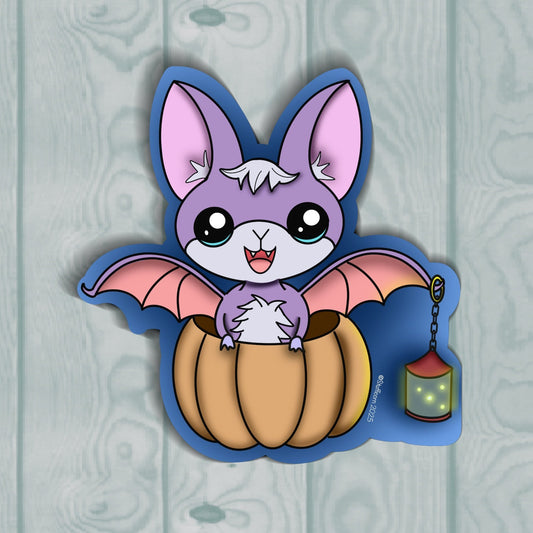 Cartoon bat character with pink wings and white fur sitting on a pumpkin against a light blue wooden background.