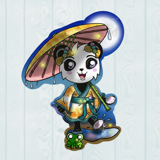 Colorful illustration of a panda character with an umbrella on a walk in the rain