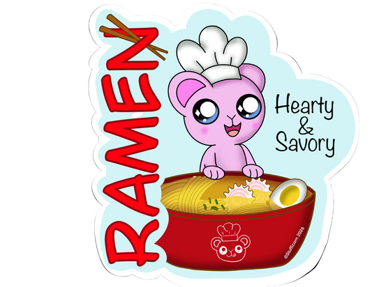 Cartoon pink bear in a bowl of ramen with 'RAMEN' and 'Hearty & Savory' text on a white background