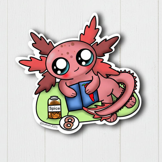 Redish pink cartoon axolotl with a book and a bottle labeled 'Spice' on a white background