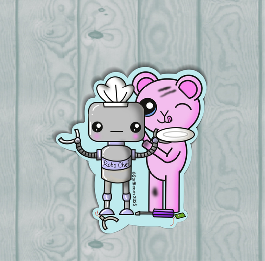Cartoon robot and pink bear holding a plate on a wooden background